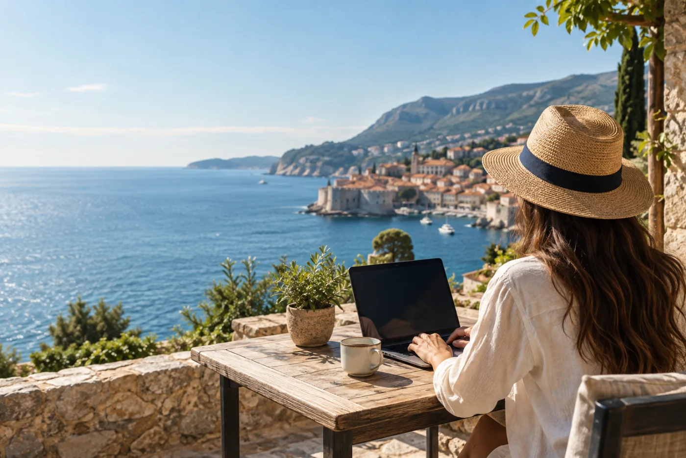 A remote professional working beside a sunlit Mediterranean bay